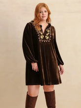 Plus Size Embroidered Notched Balloon Sleeve Mini Dress Casual Dresses