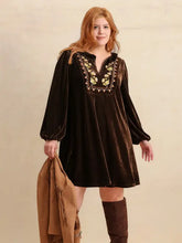Plus Size Embroidered Notched Balloon Sleeve Mini Dress Casual Dresses