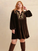 Plus Size Embroidered Notched Balloon Sleeve Mini Dress Casual Dresses