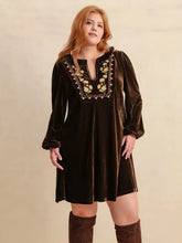 Plus Size Embroidered Notched Balloon Sleeve Mini Dress Dark Brown Casual Dresses
