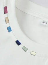 Plus size embroidered round neck half sleeve white polo shirt with colorful striped collar
