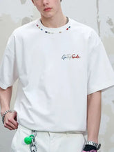 Plus size embroidered round neck half sleeve t-shirt with colorful embroidery