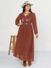 Plus Size Embroidered Tie Neck Long Sleeve Dress Chestnut Woman Maxi Dress