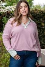Plus size exposed seam johnny collar long sleeve pink t-shirt with jeans
