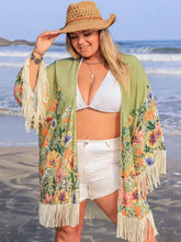 Plus size fringe open front floral kimono cover-up with fringe trim
