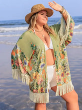Plus size fringe open front kimono with floral print and fringe trim