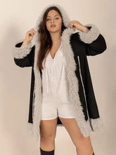 Plus Size Fuzzy Trim Open Front Long Sleeve Hooded Coat Black Woman Outerwear