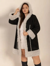 Plus Size Fuzzy Trim Open Front Long Sleeve Hooded Coat Woman Outerwear