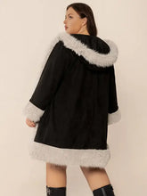 Plus Size Fuzzy Trim Open Front Long Sleeve Hooded Coat Woman Outerwear