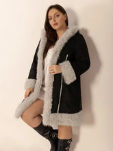 Plus Size Fuzzy Trim Open Front Long Sleeve Hooded Coat Woman Outerwear