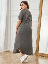 Plus Size Gray V-Neck Short Sleeve T-Shirt Dress with Pocket