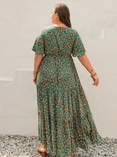 Plus size green floral printed short sleeve tiered maxi dress