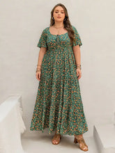 Plus size green floral printed short sleeve tiered maxi dress with sandals