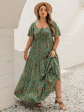 Plus size green floral printed short sleeve tiered maxi dress