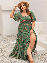 Plus size green floral printed short sleeve tiered maxi dress