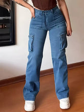 Plus size high-waisted cargo jeans in blue denim with large side pockets and a high-rise waist for comfortable fit