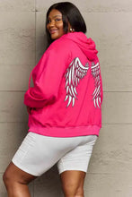 Plus size hot pink angel wings graphic zip up hoodie with dropped shoulders