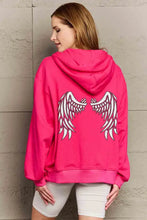Plus size hot pink angel wings graphic zip up hoodie with dropped shoulders