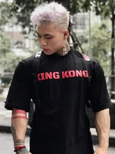 Plus size King Kong round neck black T-shirt with red lettering