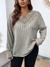 Plus size lace detail long sleeve green ribbed knit top