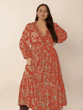 Plus Size Lace Detail Printed Balloon Sleeve Midi Dress Casual Dresses