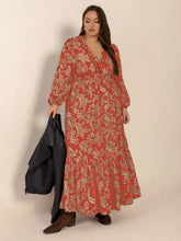 Plus Size Lace Detail Printed Balloon Sleeve Midi Dress Orange-Red Casual Dresses