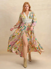 Plus size lace maxi dress with paisley floral print and balloon sleeves