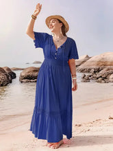 Plus size lace maxi dress with tie neck short sleeve