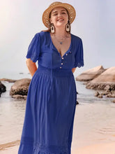 Plus size lace maxi dress with tie neck short sleeve