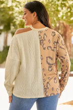 Plus size leopard color block long sleeve T-shirt with cream cable knit cold shoulder and tan leopard print