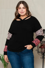 Plus size leopard dropped shoulder long sleeve t-shirt in black with pink accents