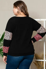 Plus size leopard dropped shoulder long sleeve T-shirt with pink and white panels