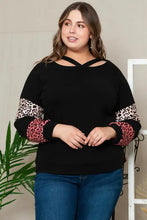 Plus size leopard dropped shoulder long sleeve black top with cutout neckline