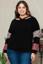 Plus size leopard dropped shoulder long sleeve T-shirt with black accents