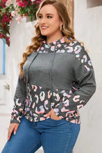 Plus size leopard dropped shoulder long sleeve hoodie in gray