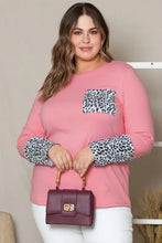 Plus size leopard round neck long sleeve pink T-shirt with print cuffs
