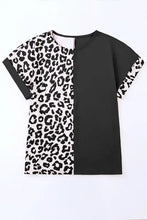 Plus size leopard round neck short-sleeve t-shirt in black and white print