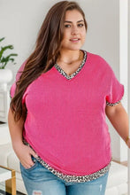 Plus size leopard print hot pink ribbed V-neck short sleeve shirt