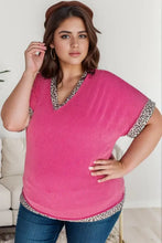 Plus size leopard print hot pink ribbed V-neck short sleeve shirt