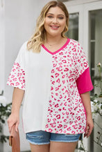 Plus size leopard V-neck T-shirt with short sleeve length