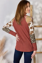 Plus size leopard waffle-knit blouse with rust gingham, cowhide patches