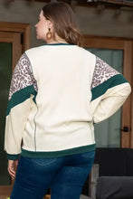 Plus size leopard waffle-knit long sleeve cream green sweater