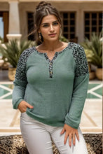 Plus size leopard waffle-knit long sleeve henley t-shirt