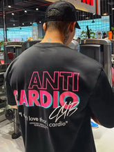 Plus size letter graphic round neck slightly stretchy black t-shirt with Anti Cardio Club print