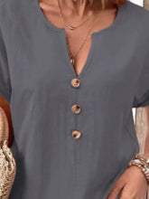 Plus size notched short sleeve cream button-up blouse for women