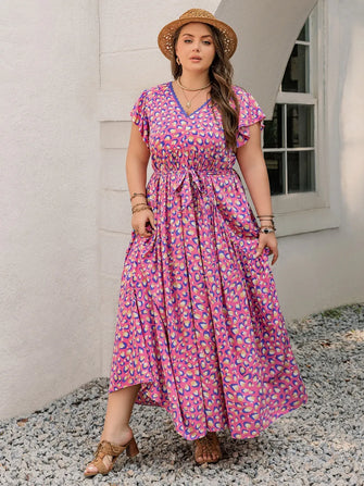 Plus Size Pink Floral Print Maxi Dress Red-Violet