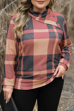 Plus size plaid cowl neck long sleeve tunic with asymmetrical collar