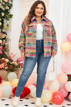 Plus Size Pocketed Printed Collared Neck Jacket Woman Outerwear