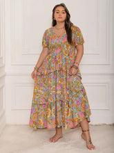 Plus size printed floral tiered maxi dress with puff sleeves