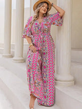 Vibrant plus size printed wide leg jumpsuit with pink geometric pattern